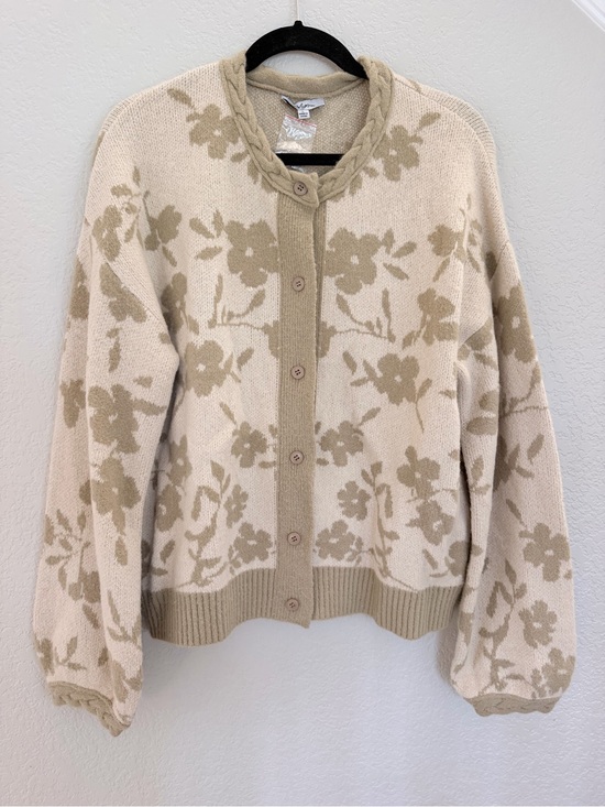 Polagram Sweaters - Polagram Floral Print Cardigan Cream Tan Cable Knit Collar Size L